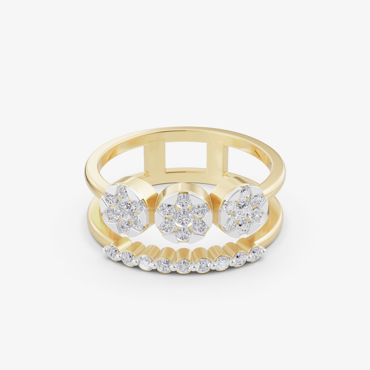 Twin cluster curve ring | 925 sterling silver gold plated double band ring