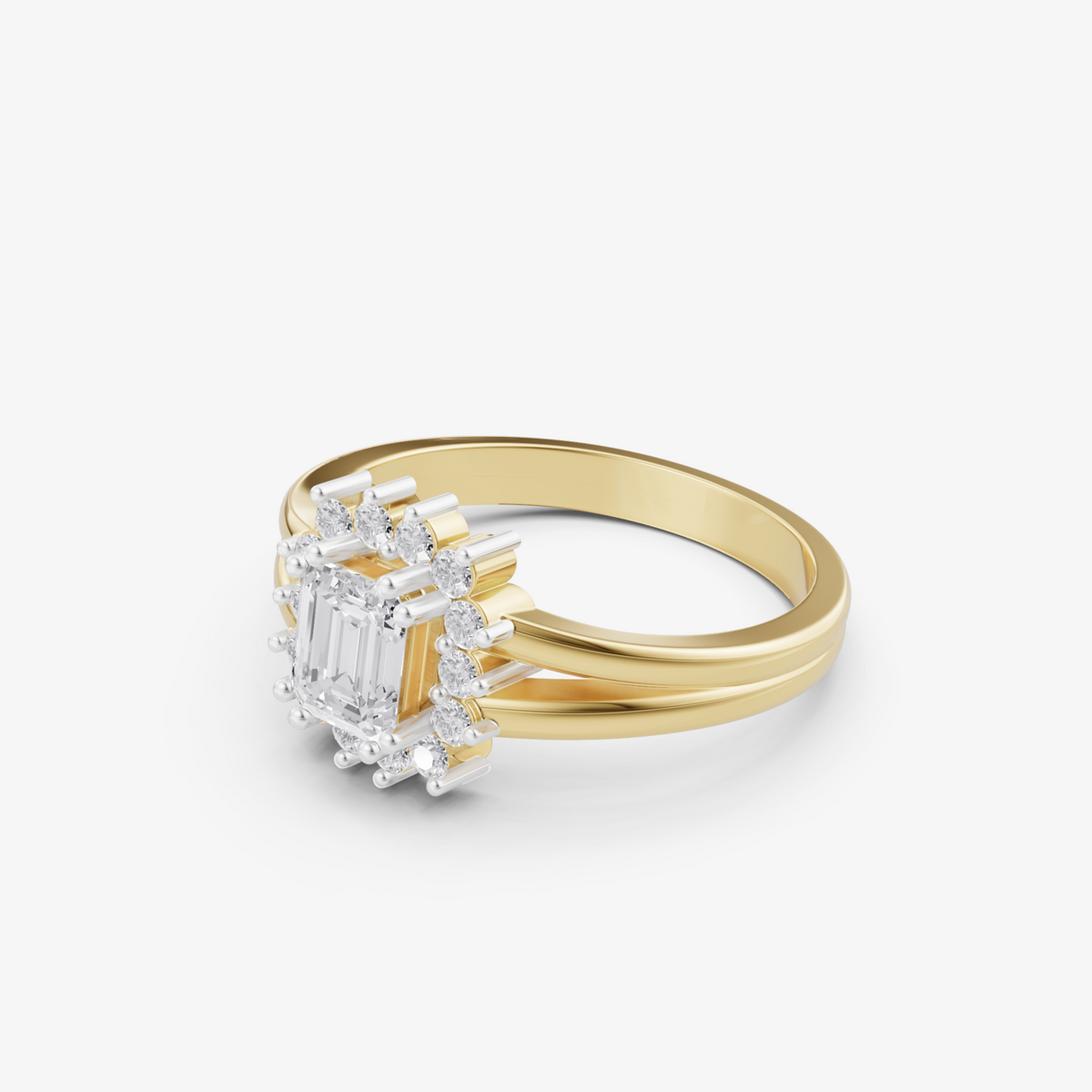 Emerald cut sunburst halo ring | 925 sterling silver gold plated engagement ring