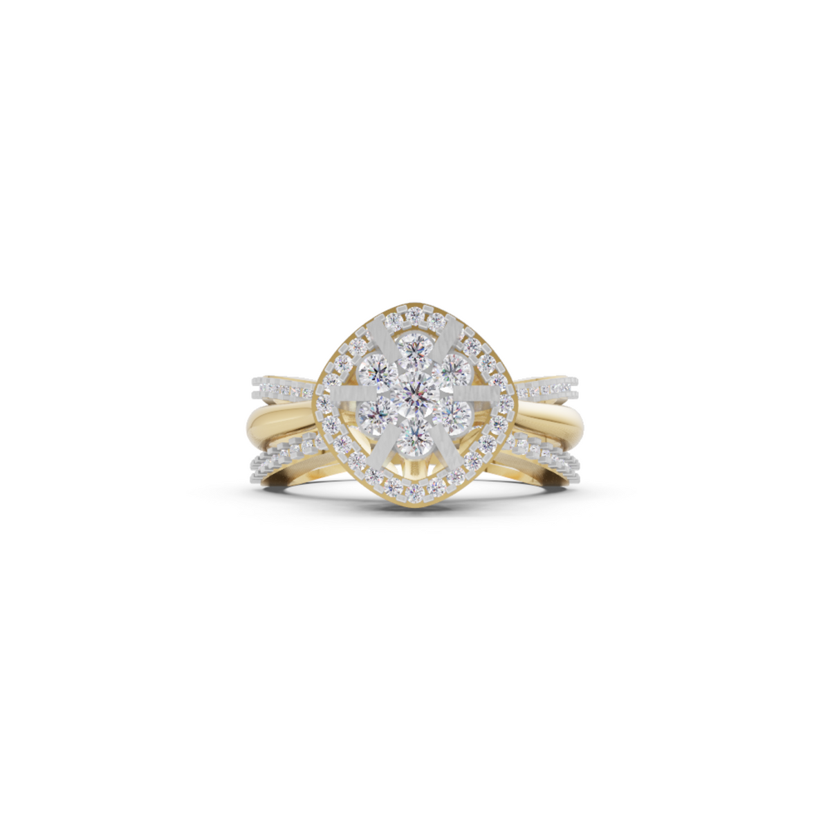 Floral halo split shank ring | 925 silver gold & silver cluster ring