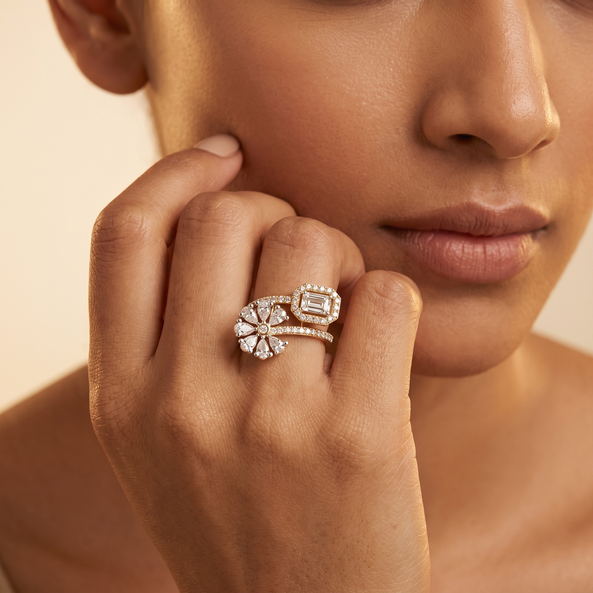 Flower & emerald halo bypass ring | 925 sterling silver gold plated ring