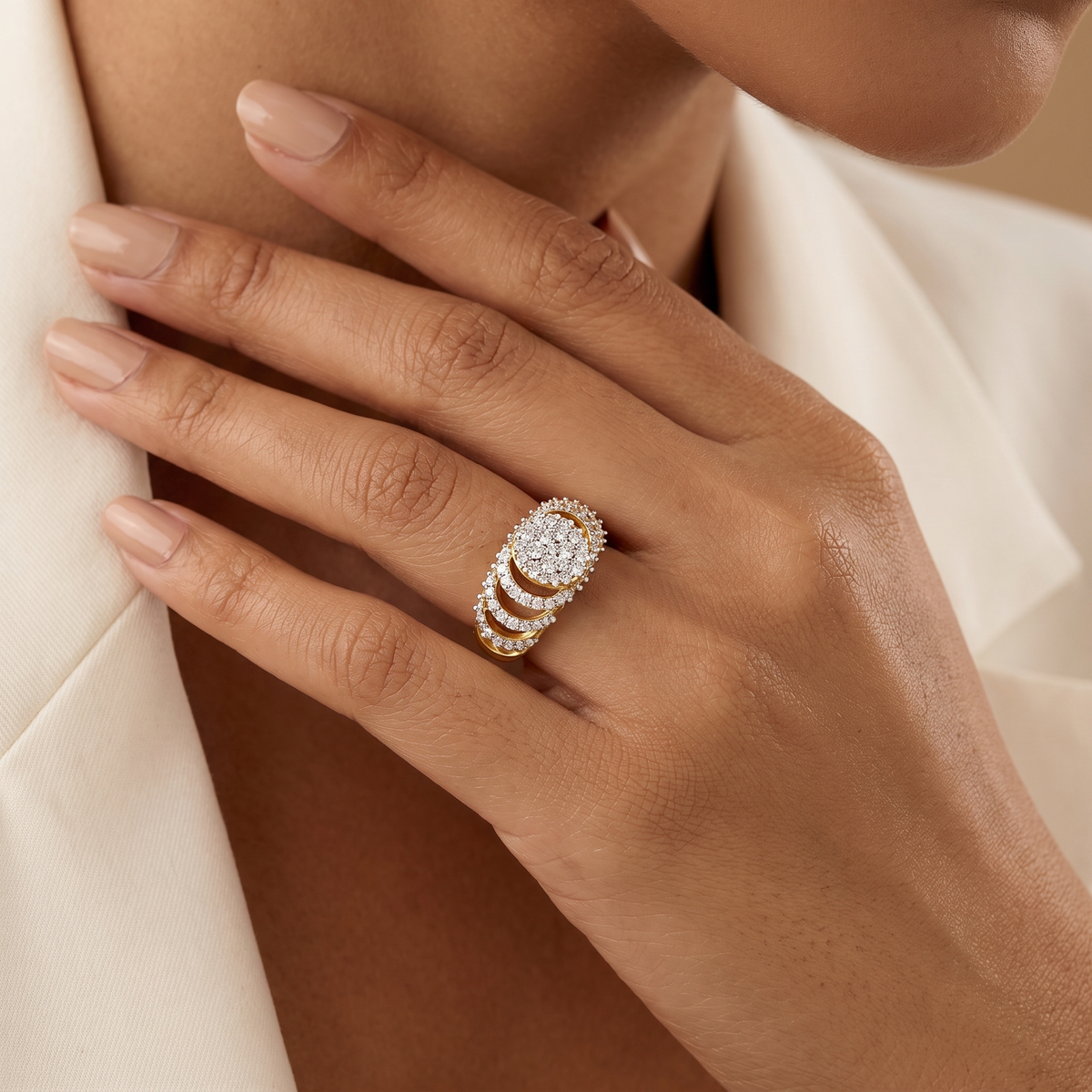 Radiant shell fan ring | 925 sterling silver gold plated domed cluster ring