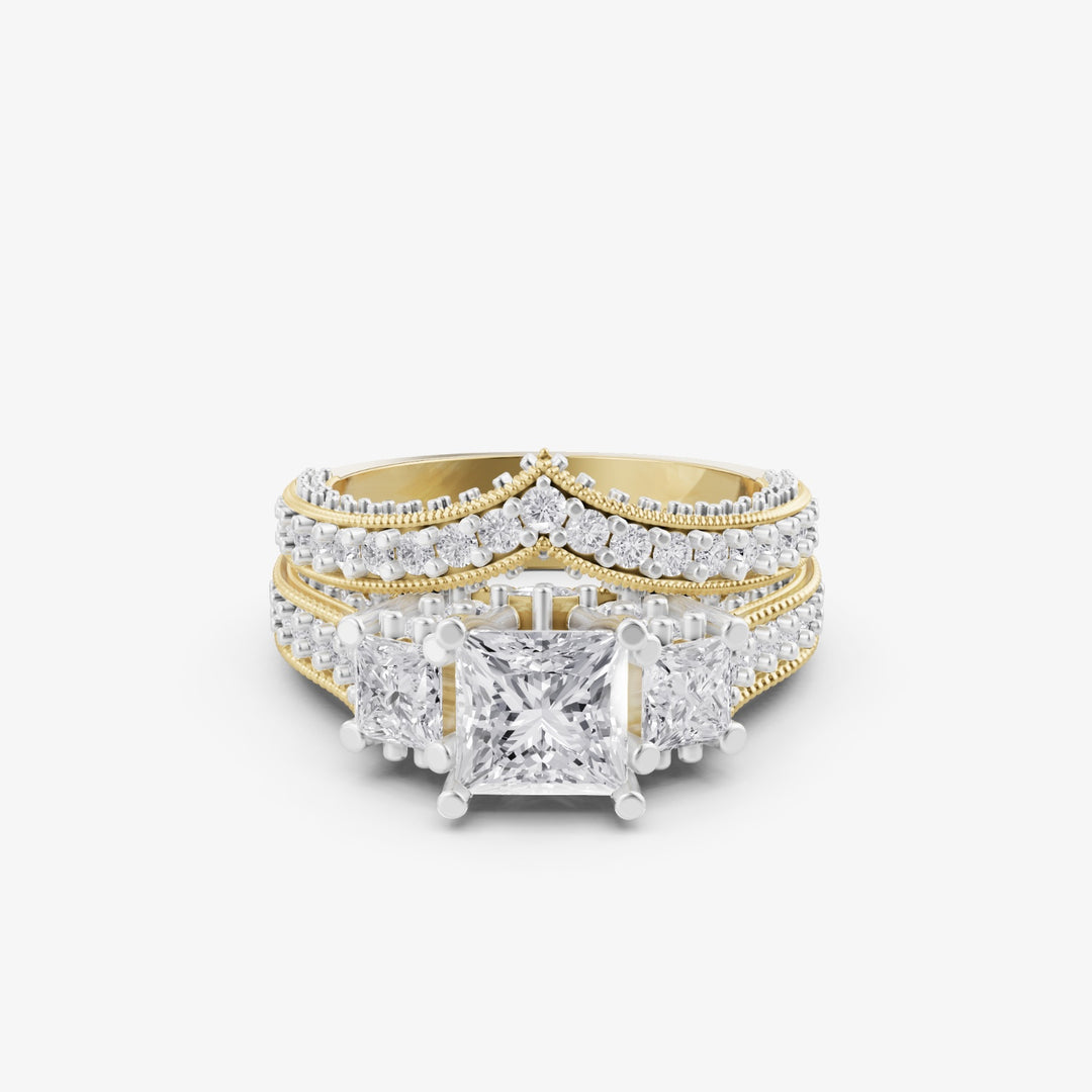 Three-Stone Princess Cut Bridal Ring Set | 925 Silver Two-Tone Wedding Ring