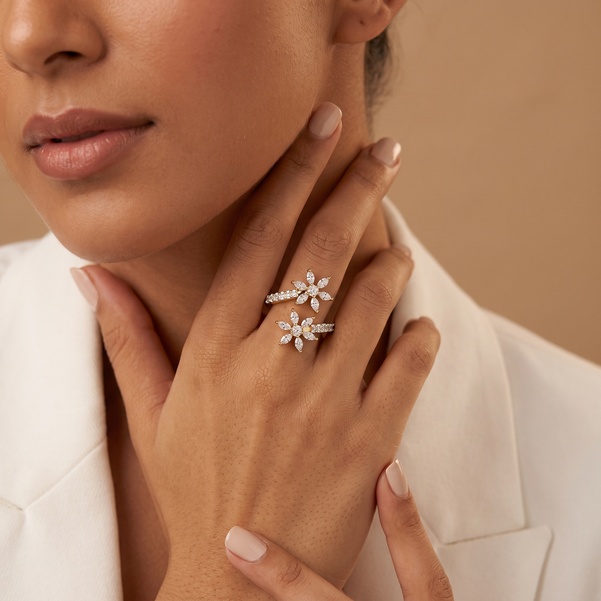 Twin star flower ring | 925 sterling silver open bypass ring