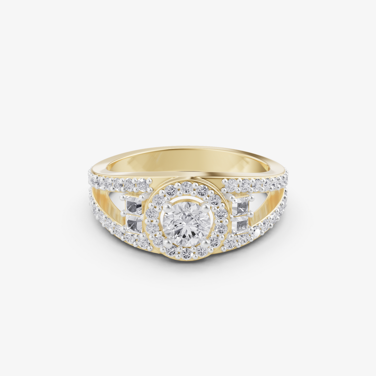 Halo baguette split shank ring | 925 sterling silver gold plated engagement ring