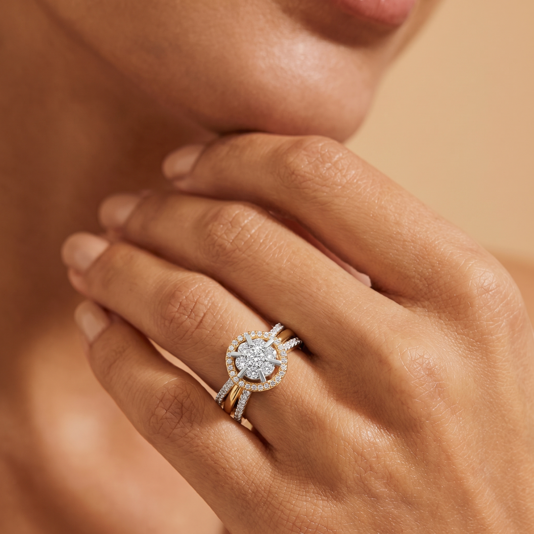 Floral Halo Split Shank Ring | 925 Silver Gold & silver Cluster Ring