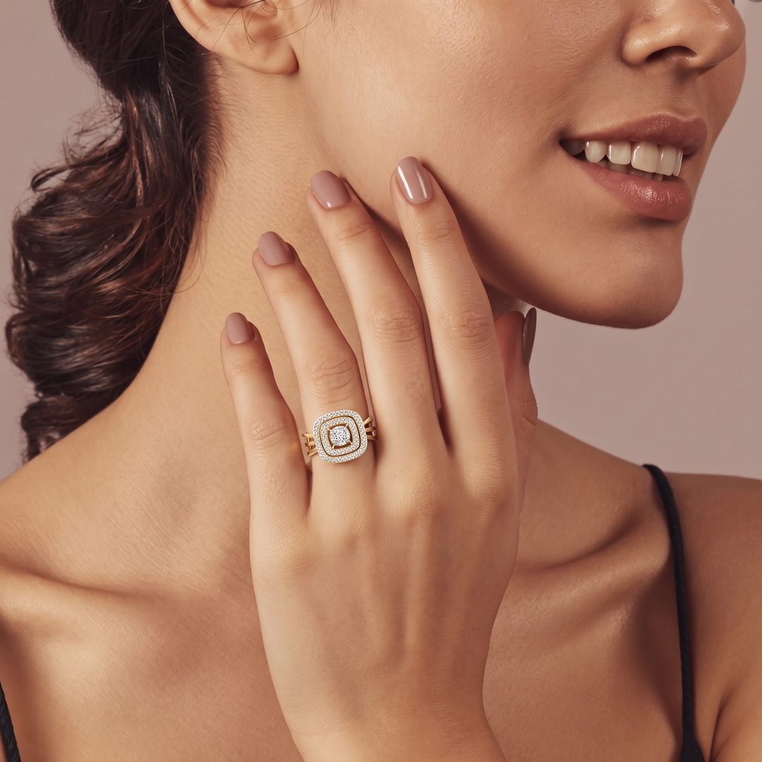 Double Square Halo Ring | 925 Sterling Silver Gold Plated Statement Ring