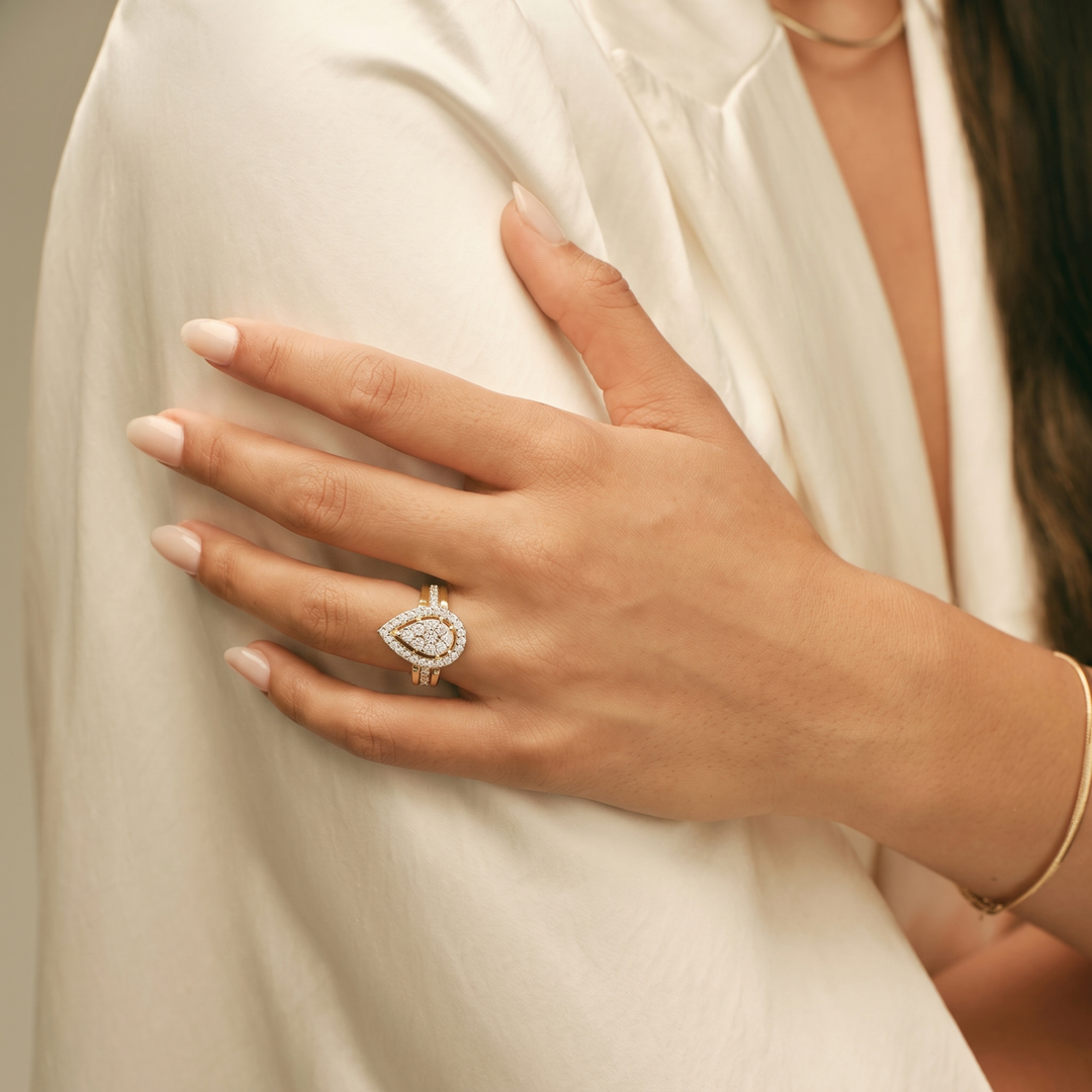 Pear Cluster Halo Ring | 925 Sterling Silver Gold Plated Teardrop Statement Ring