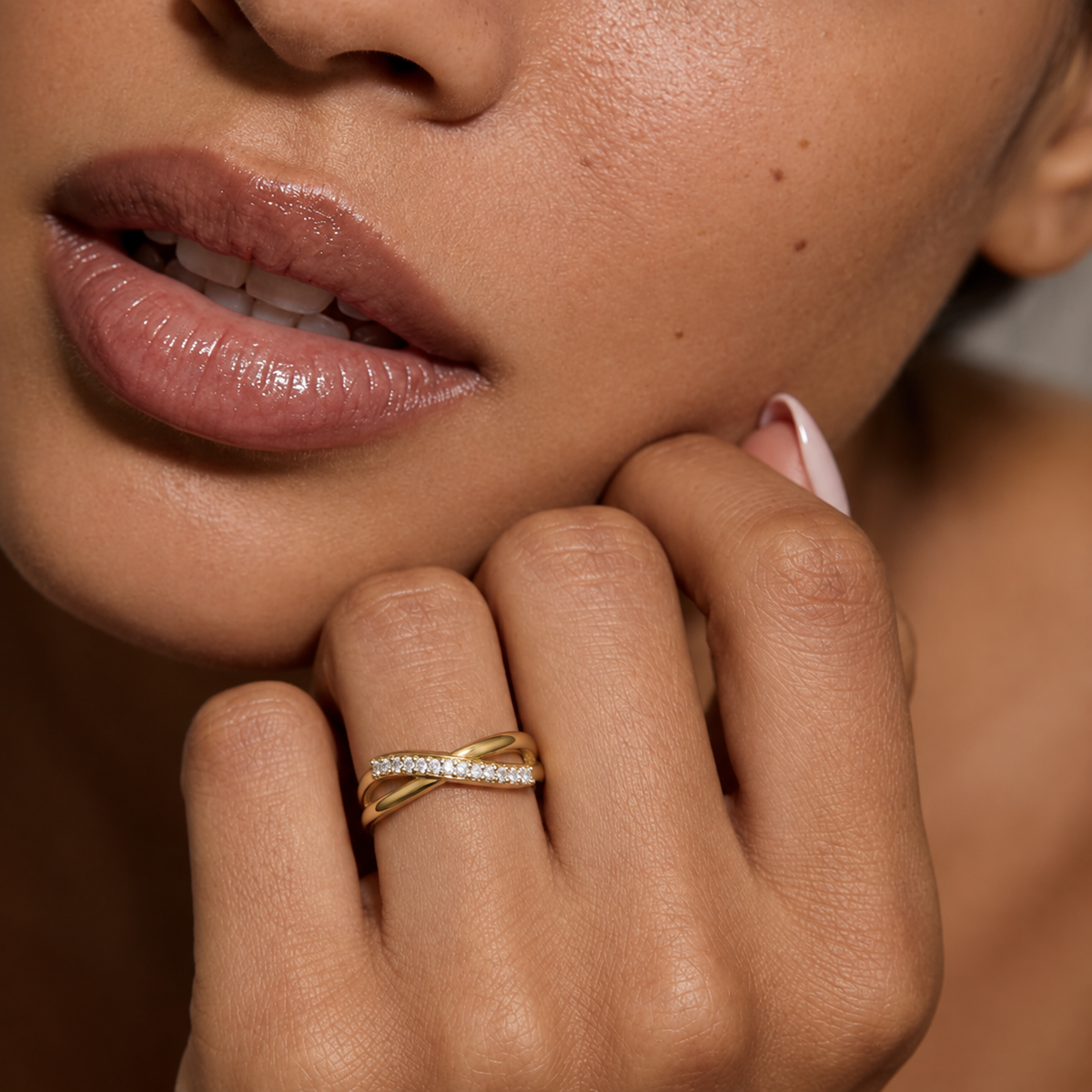 Crossover pave ring | 925 sterling silver gold plated x band ring