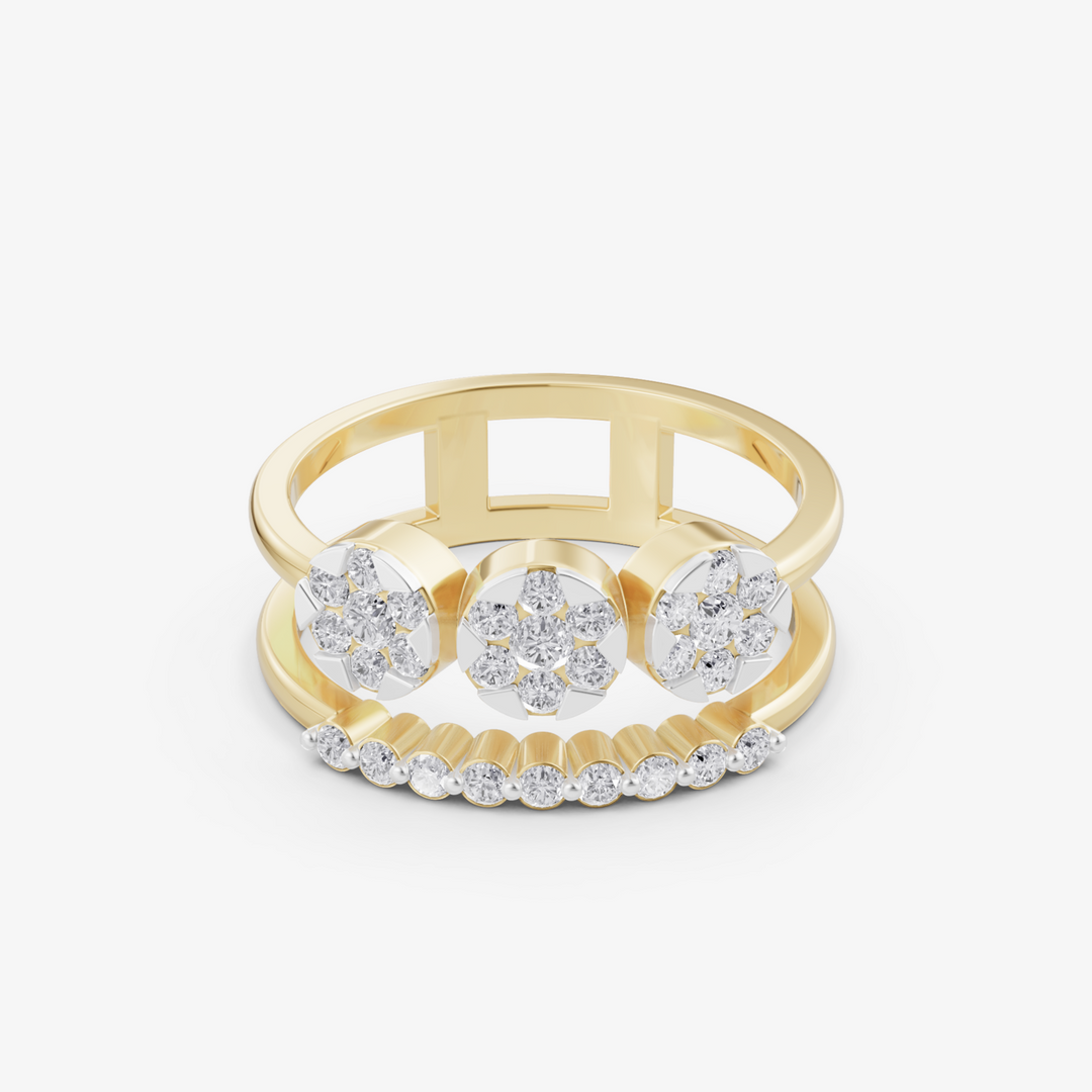 Twin Cluster Curve Ring | 925 Sterling Silver Gold-Plated Double Band Ring