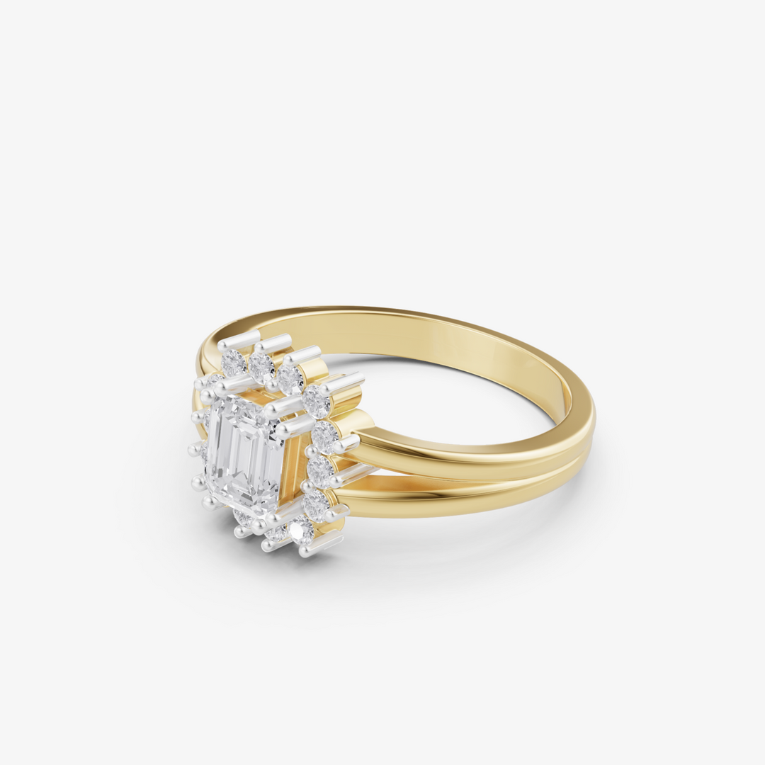 Emerald Cut Sunburst Halo Ring | 925 Sterling Silver Gold-Plated Engagement Ring
