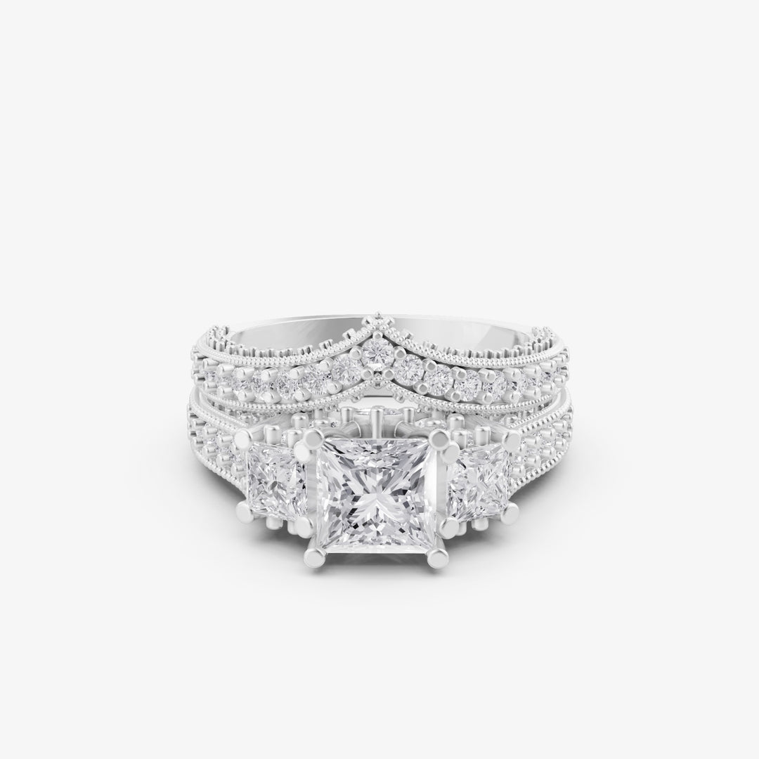 Three-Stone Princess Cut Bridal Ring Set | 925 Silver Two-Tone Wedding Ring