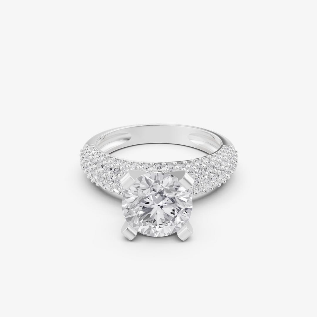 Round Solitaire Ring with Pave Dome Band | 925 Silver Gold & Silver Plated Ring